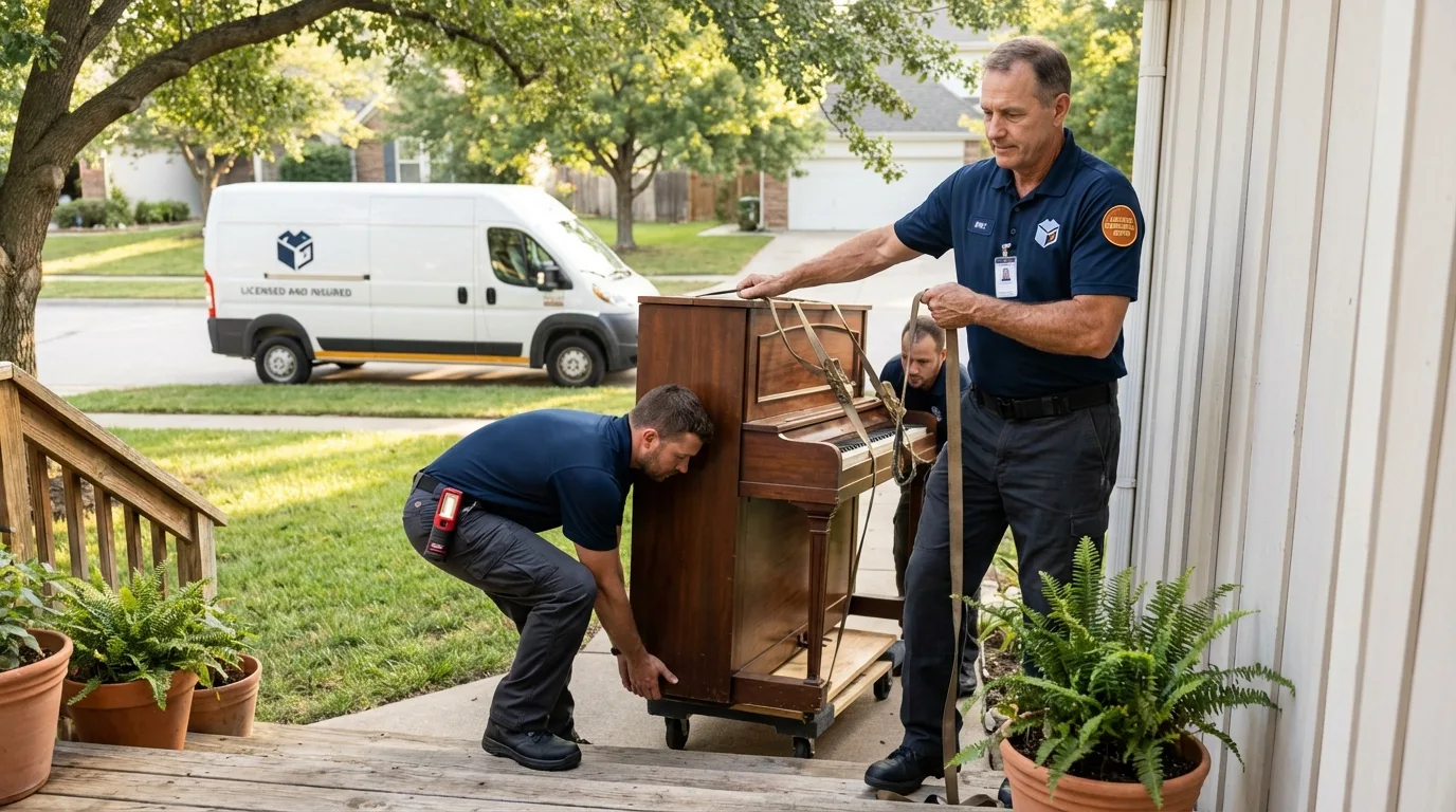 Licensed piano movers securing grand piano in Maywood, IL