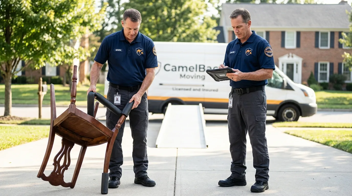 Movers inspecting furniture for damage prevention before loading in Maywood, IL