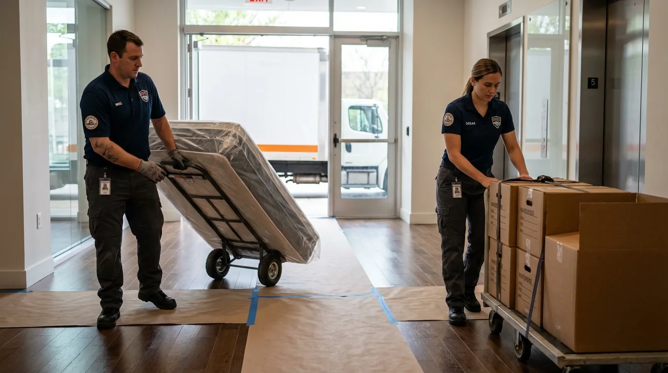 Professional apartment movers loading elevator in Maywood, IL