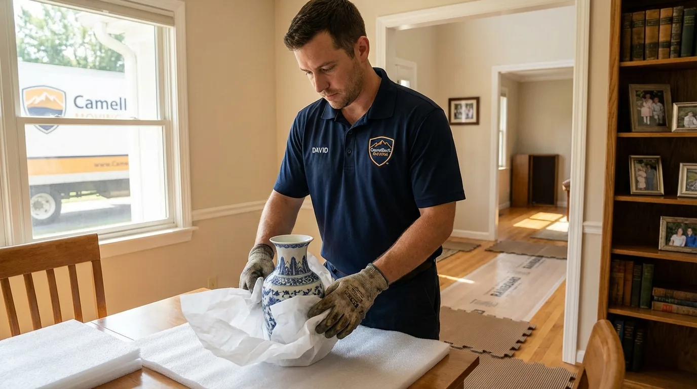 Professional crew carefully wrapping antique vase for senior downsizing move in Maywood, IL
